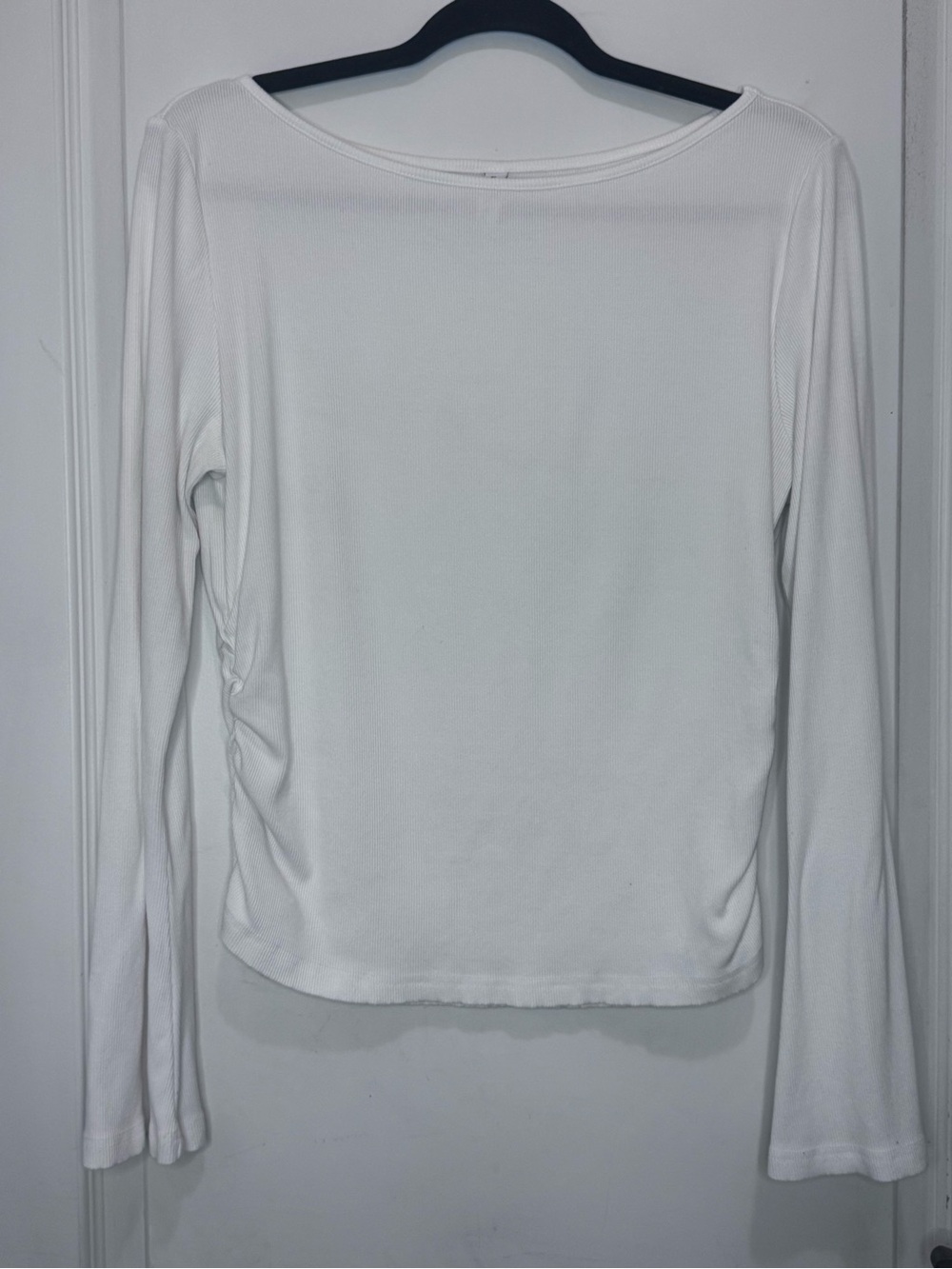 PrettyGarden White Ribbed Boat Neck Ruched Long Sleeve Top XXL